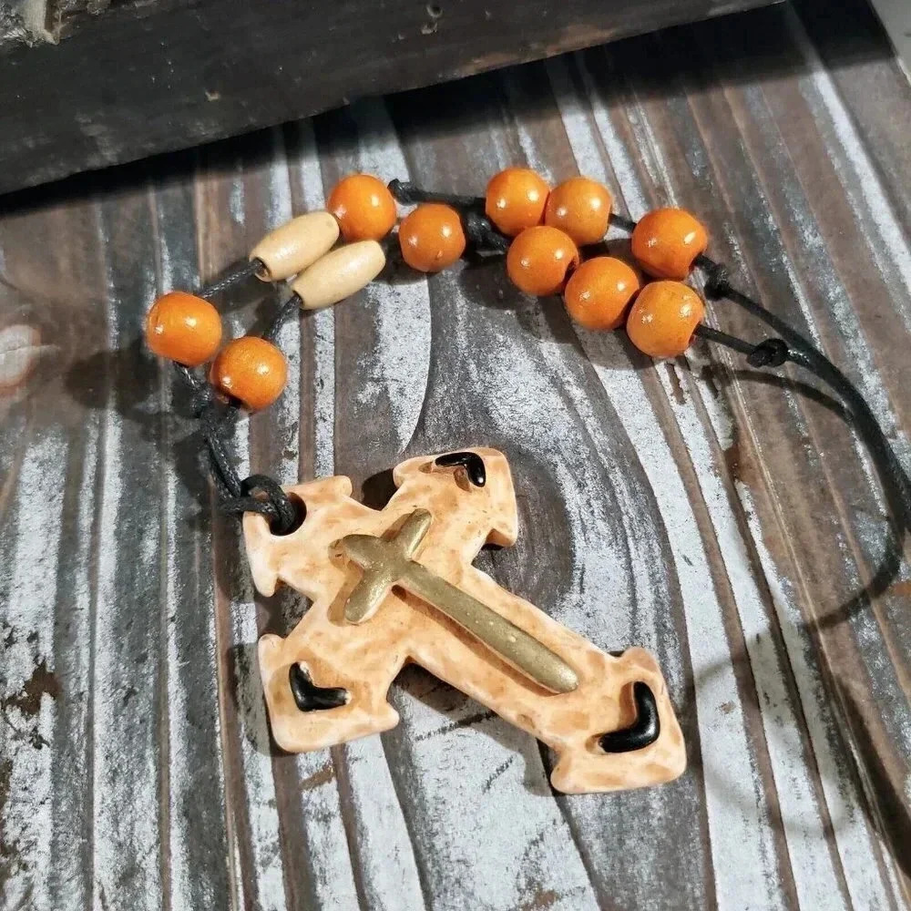 Artisan Christian Cross Unglazed Clay Lt Sienna Multicolor OOAK Pendant Necklace